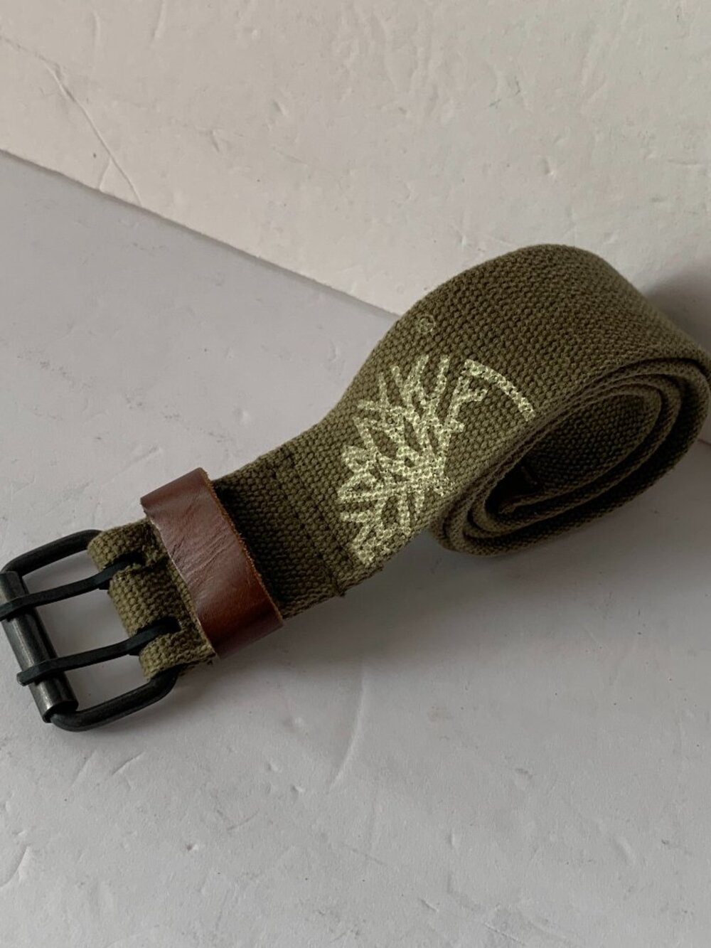 Timberland Mens Size 40 Olive Green Canvas Leather Belt 2" Wide Black Buckle